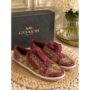 Coach Signature Canvas Burgundy Patent Leather Lace Up Sneakers Shoes 6.5‎